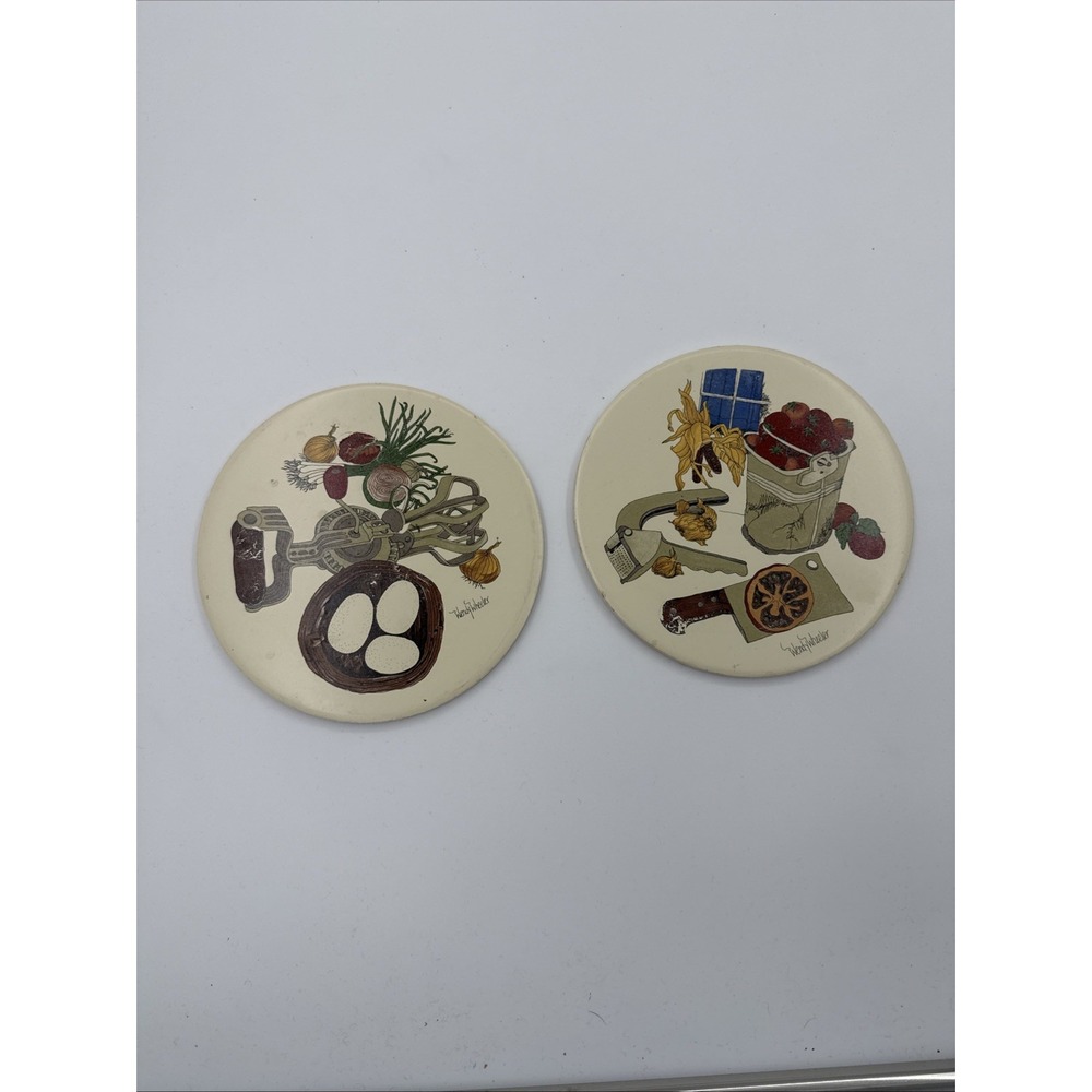 2 Wendy Wheeler 1970's Kitchen Trivets Decor Garlic Press Egg Beater Food